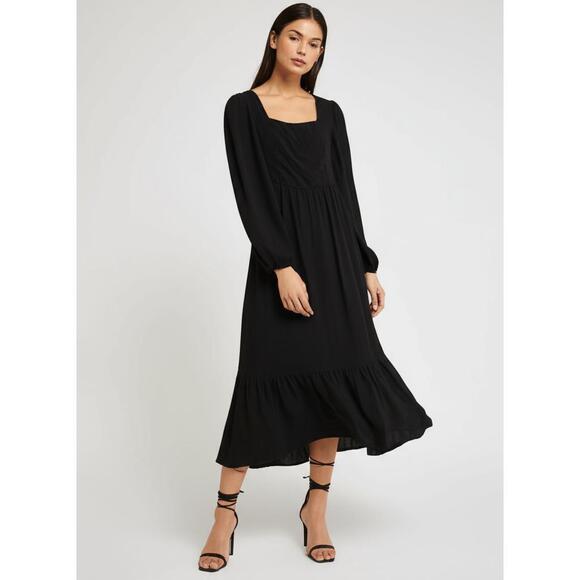 AND NOW THIS Midi Dress M Black Leg Slit Smocked Bodice Tiered Elegant - Picture 1 of 8